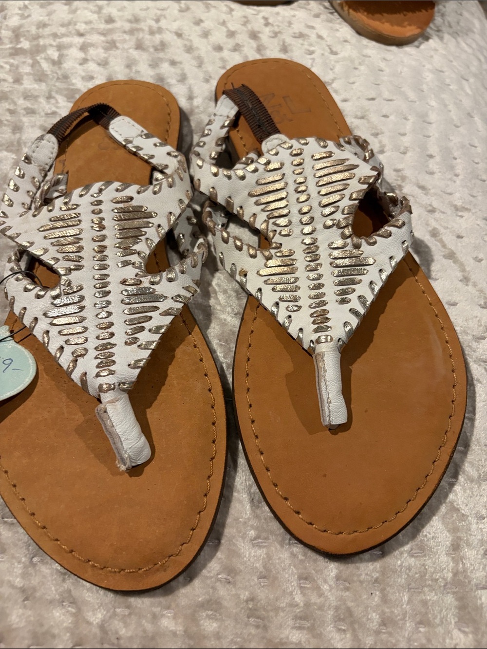 Women’s White Embellished Thong Sandals with Tan Footbed